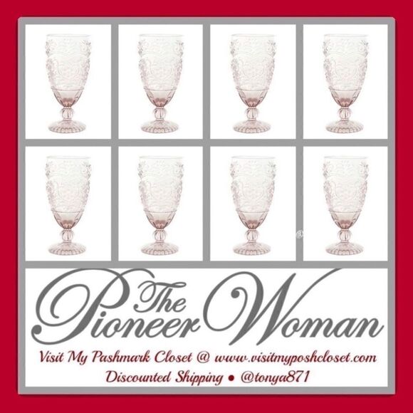 🦋 New Pioneer Woman Amelia 14.7-Ounce Footed Glass Goblets, Set of 8, Rose Red - Picture 1 of 7